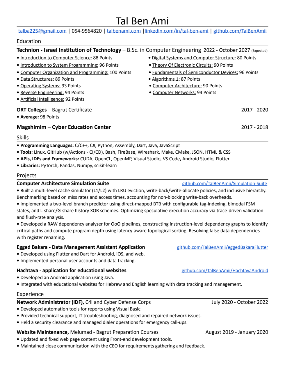 First page of Tal Ben Ami's resume